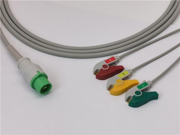 Mindray Compatible One-Piece ECG Transducer Cable 3 Leads Clips